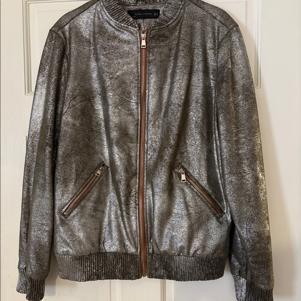 Zara silver distressed metallic bomber jacket